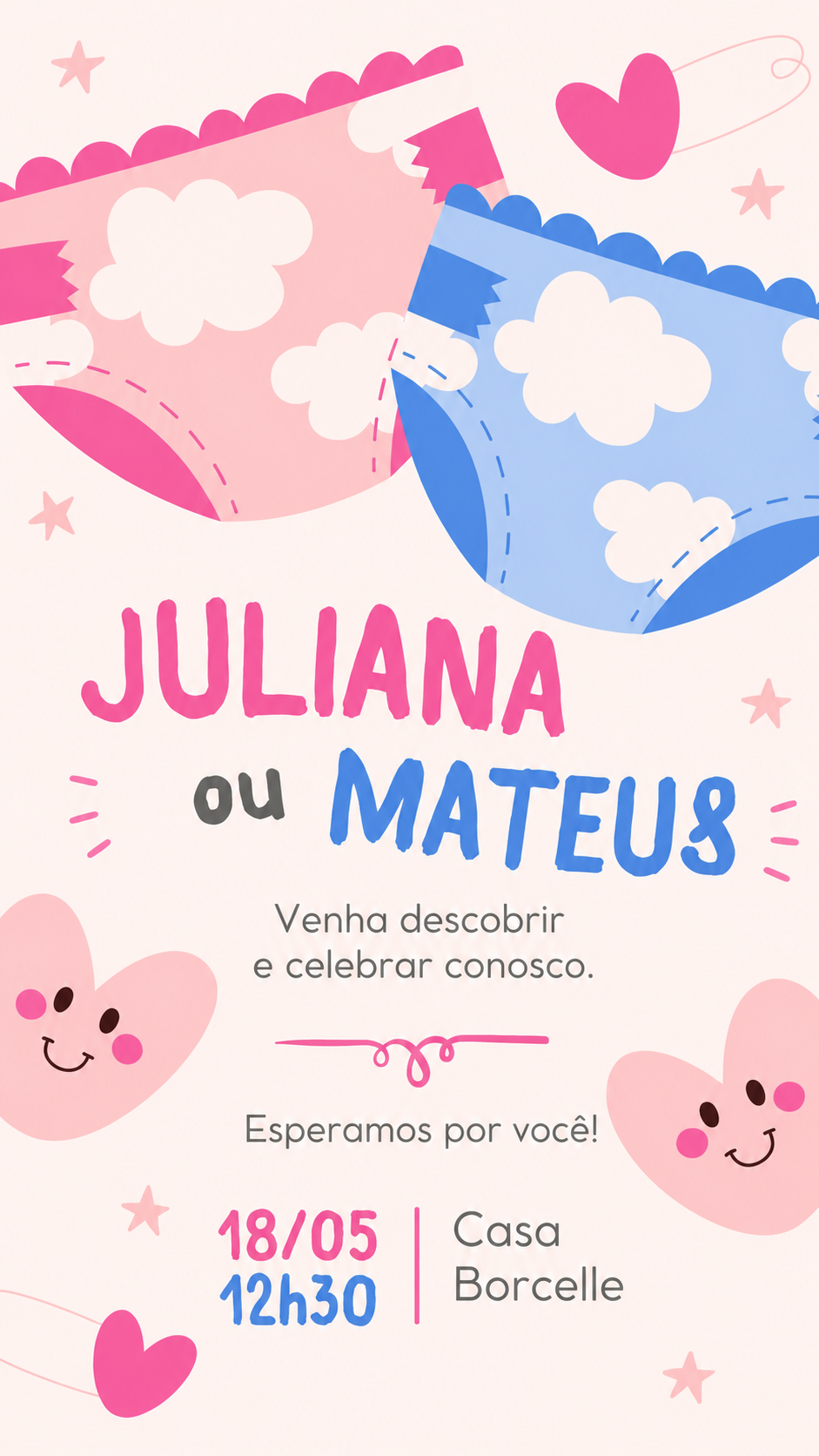 Convite Menino ou Menina em rosa e azul com ilustrações divertidas