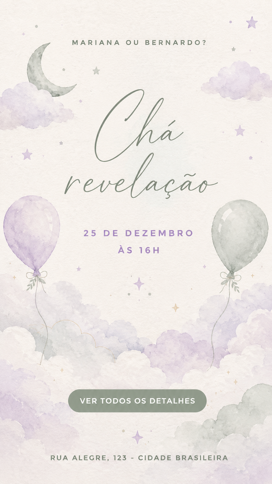 Convite Céu de Sonhos com lua, nuvens e balões em aquarela
